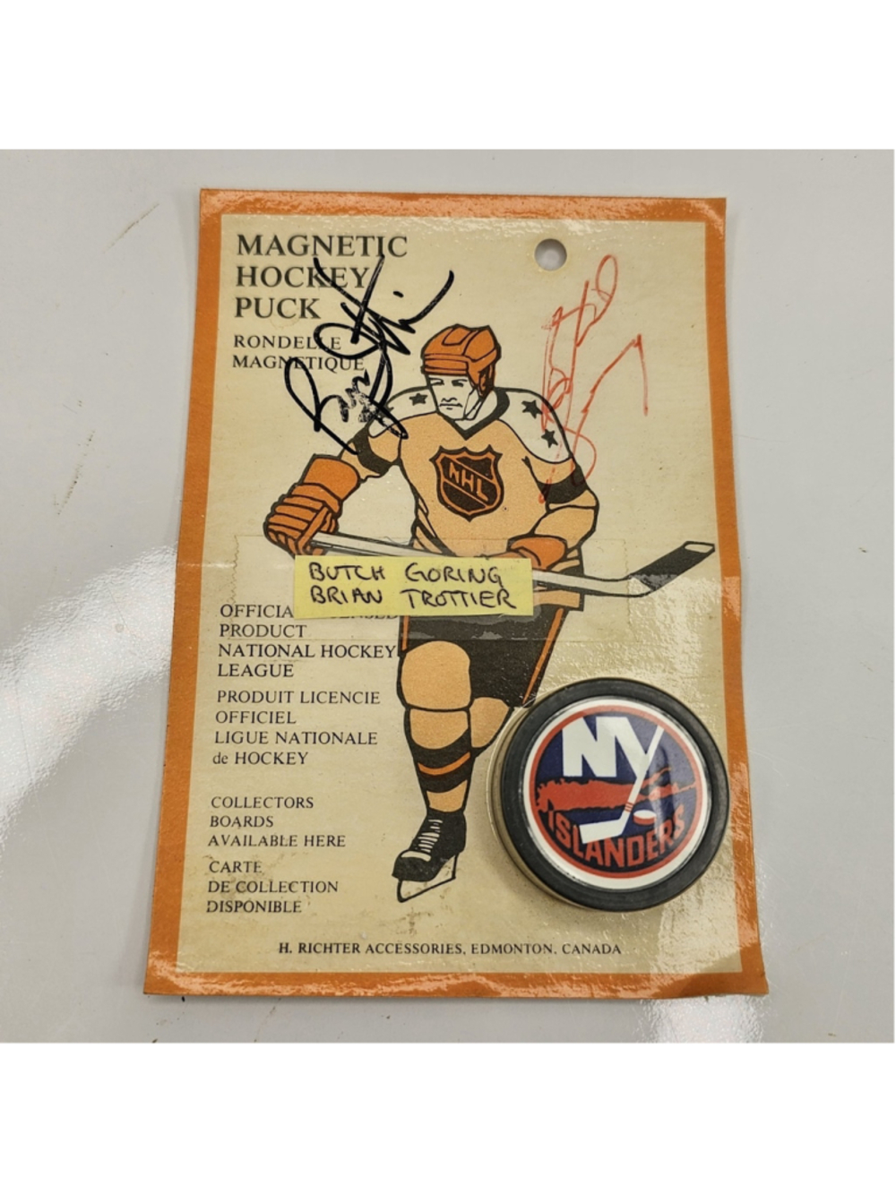 Vintage NY Islanders Magnetic Hockey Puck Butch Goring Bryan Trottier Signed